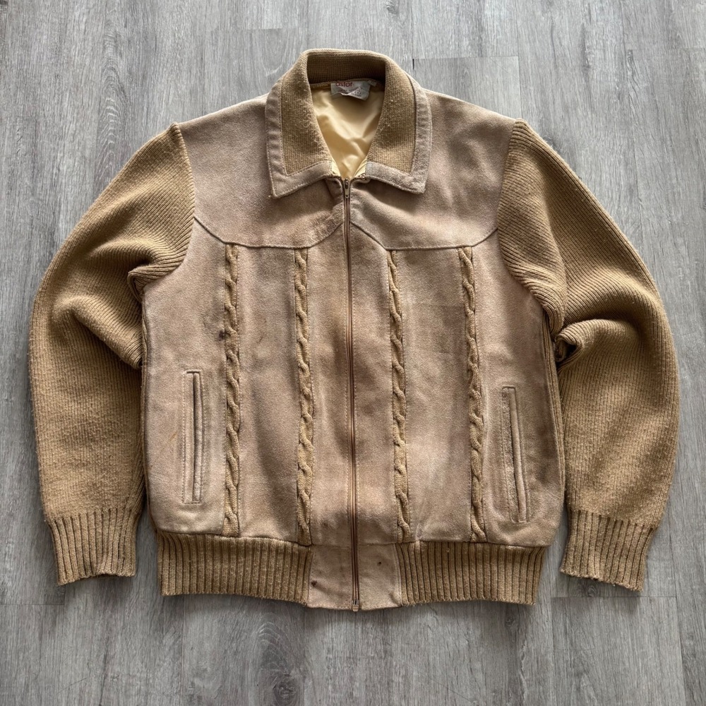 Vintage 70's Astor One Suede Leather Cable Knit Bomber Jacket Mens Large Tan